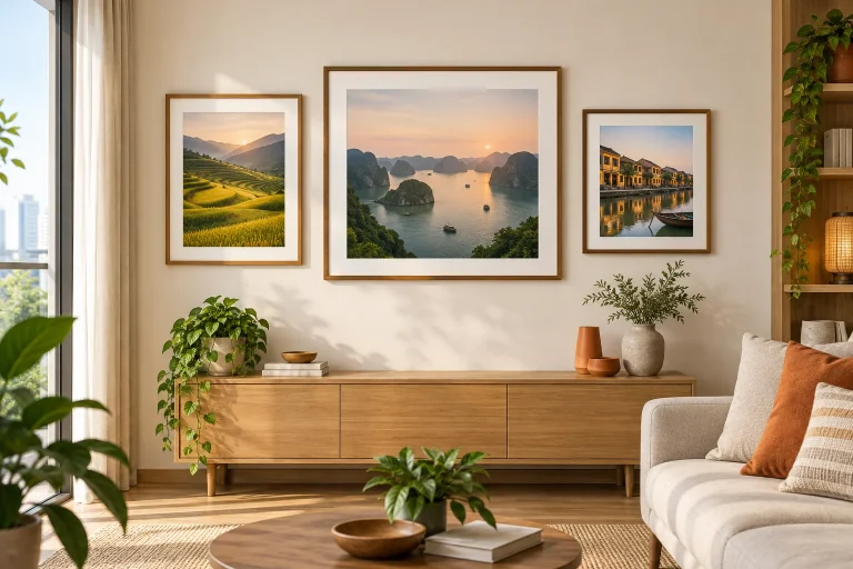 Bộ ba khung ảnh treo tường cân đối trong phòng khách