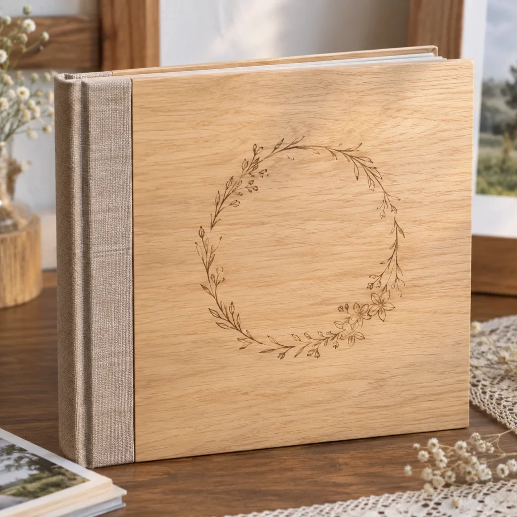 Album Ảnh Bìa Gỗ Khắc Tên Tông Gỗ Sáng 20x20 cm