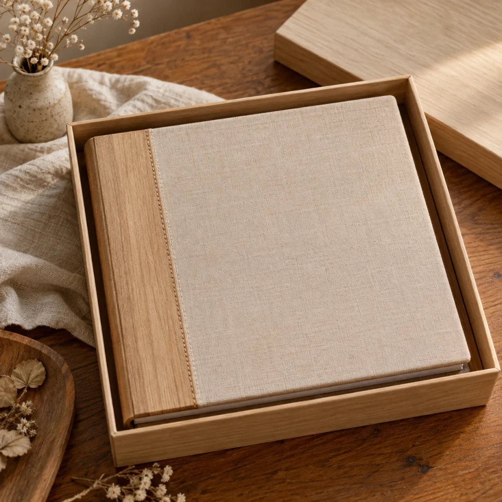 Album Ảnh Bìa Da May Chỉ Tông Gỗ Sáng 30x30 cm