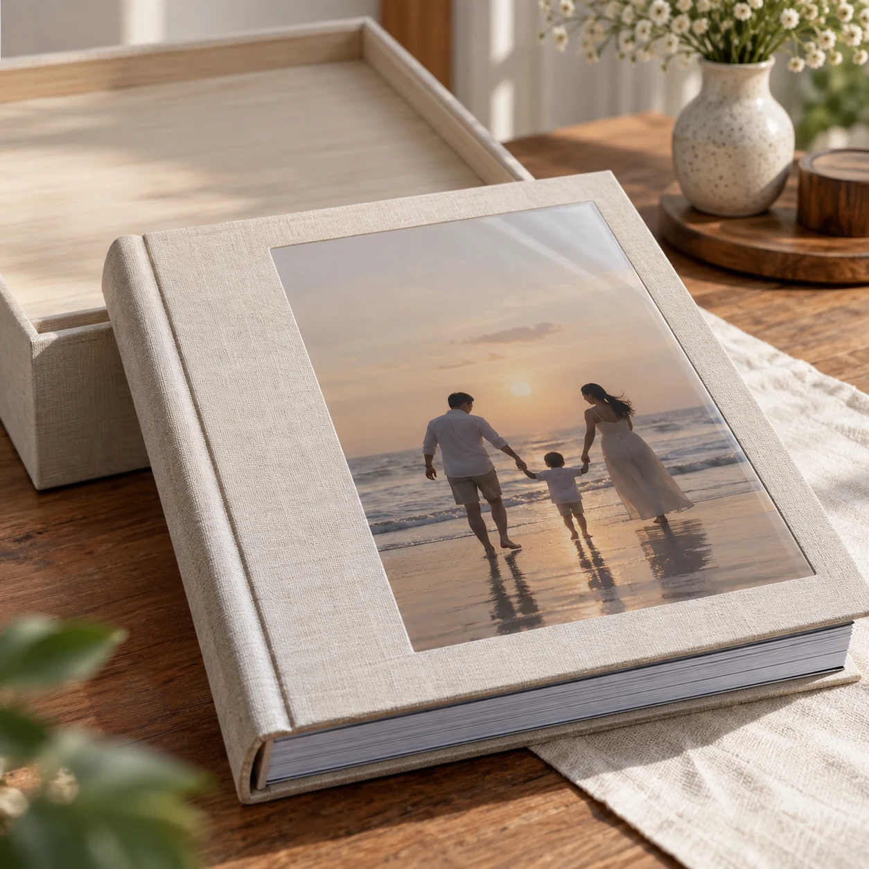 Album Ảnh Gia Đình Kèm Hộp Gỗ Tông Kem Linen 25x35 cm