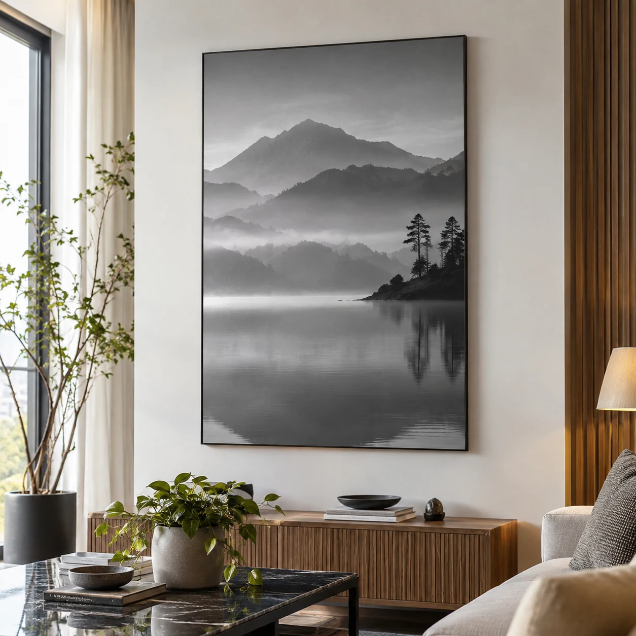 Ảnh In Gỗ Lụa Đen Mờ Tông Xám Lạnh 60x90 cm