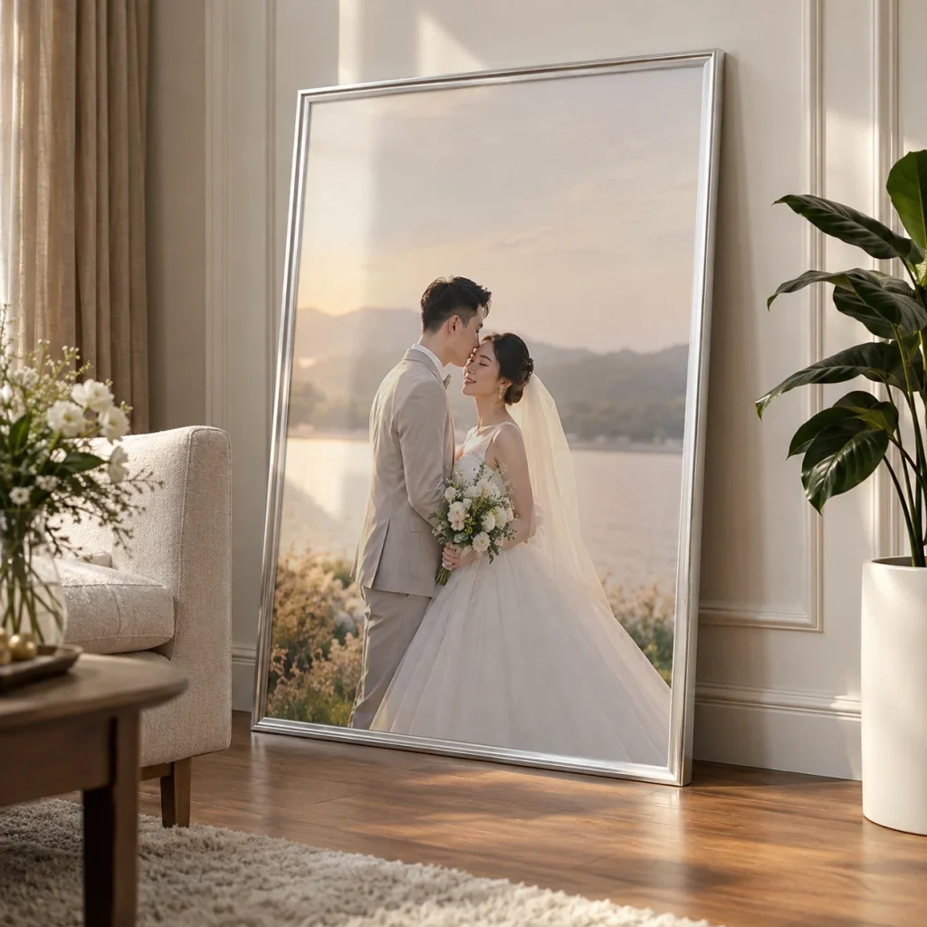 Khung Ảnh Cưới Viền Mảnh Thanh Lịch Tông Bạc Satin 70x110 cm