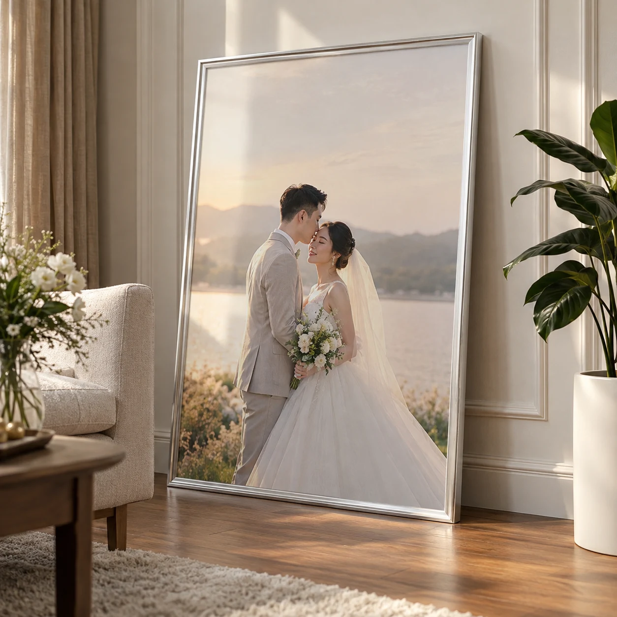 Khung Ảnh Cưới Viền Mảnh Thanh Lịch Tông Bạc Satin 70x110 cm