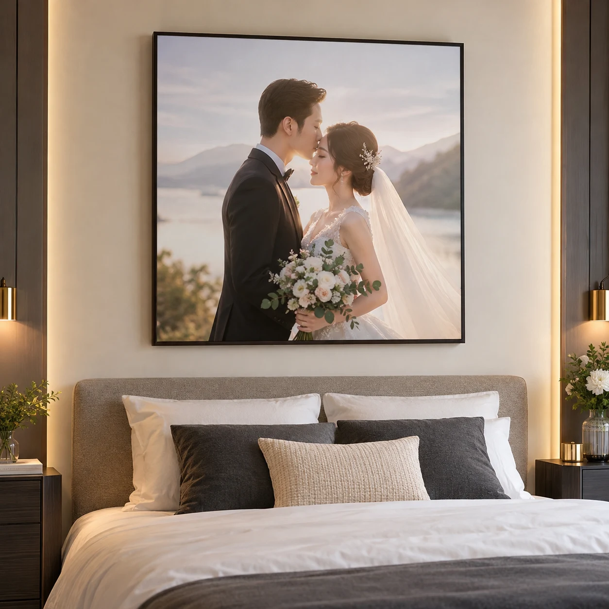 Khung Ảnh Cưới Bộ Ba Phòng Ngủ Canvas Viền Nổi