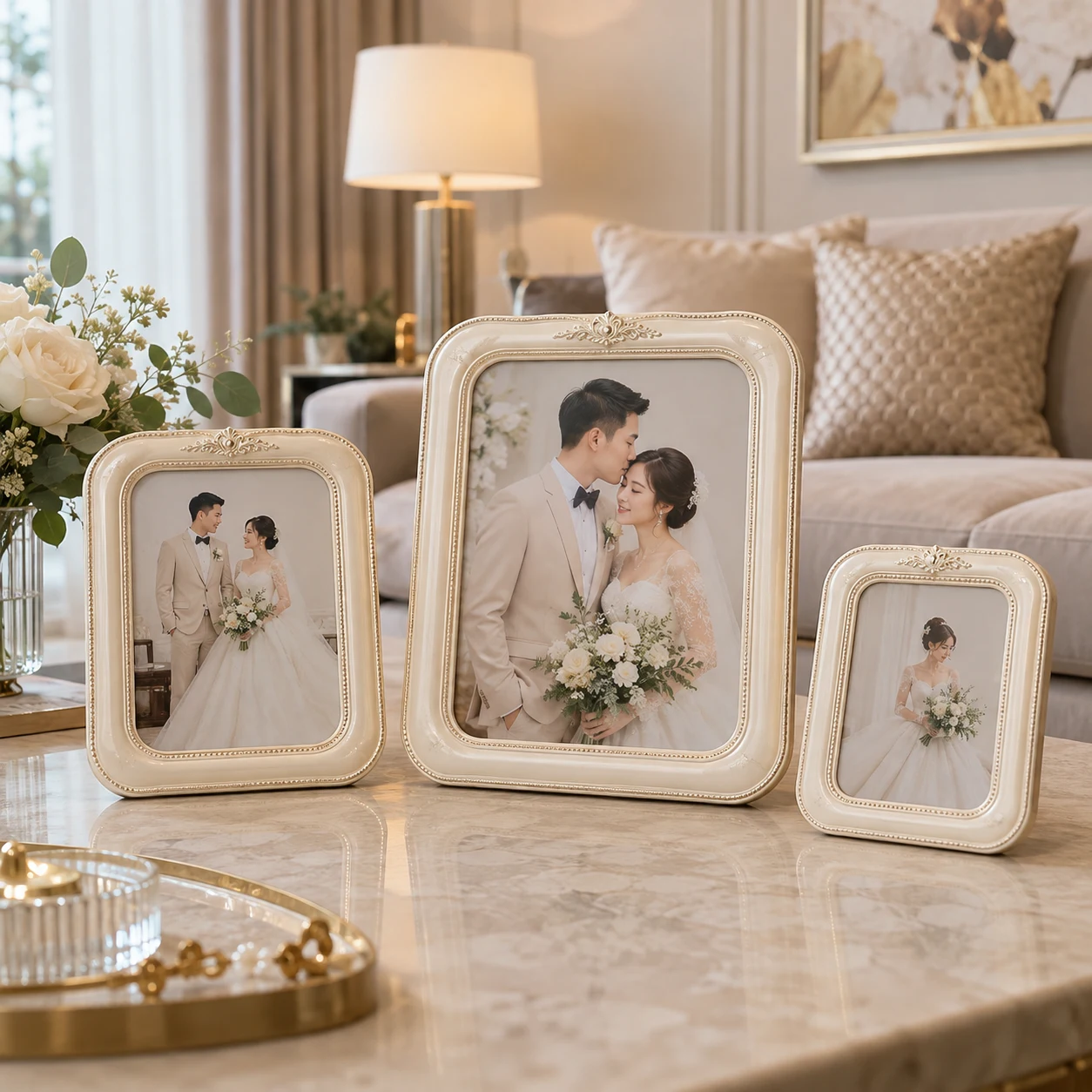 Khung Ảnh Cưới Bo Góc Lãng Mạn Tông Trắng Ngà bộ ba phối cỡ