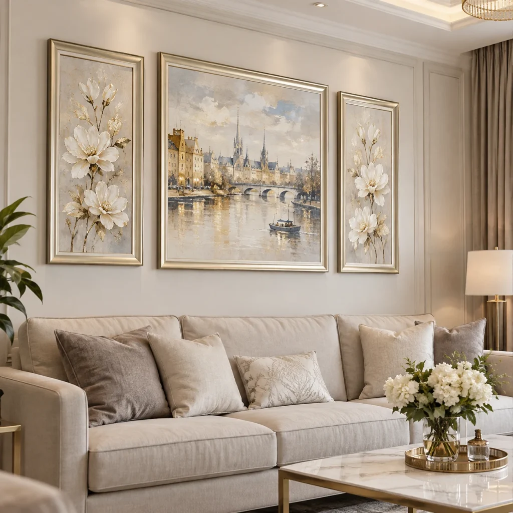 Khung Phòng Khách Khổ Lớn Điểm Nhấn Tông Champagne bộ 3 phối cỡ