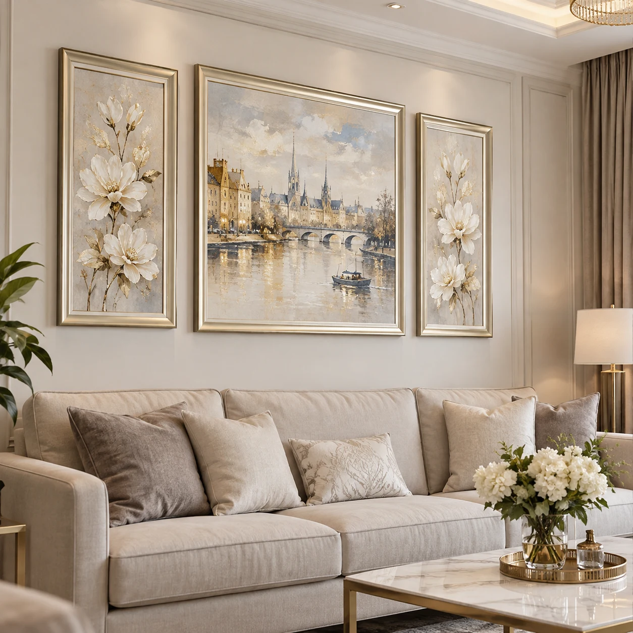 Khung Phòng Khách Khổ Lớn Điểm Nhấn Tông Champagne bộ 3 phối cỡ