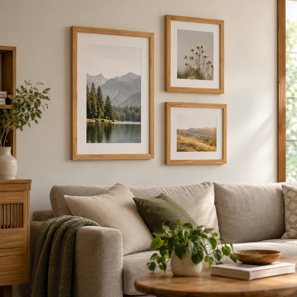Khung Phòng Khách Gallery Năm Ảnh Tông Gỗ Tự Nhiên bộ 3 phối cỡ
