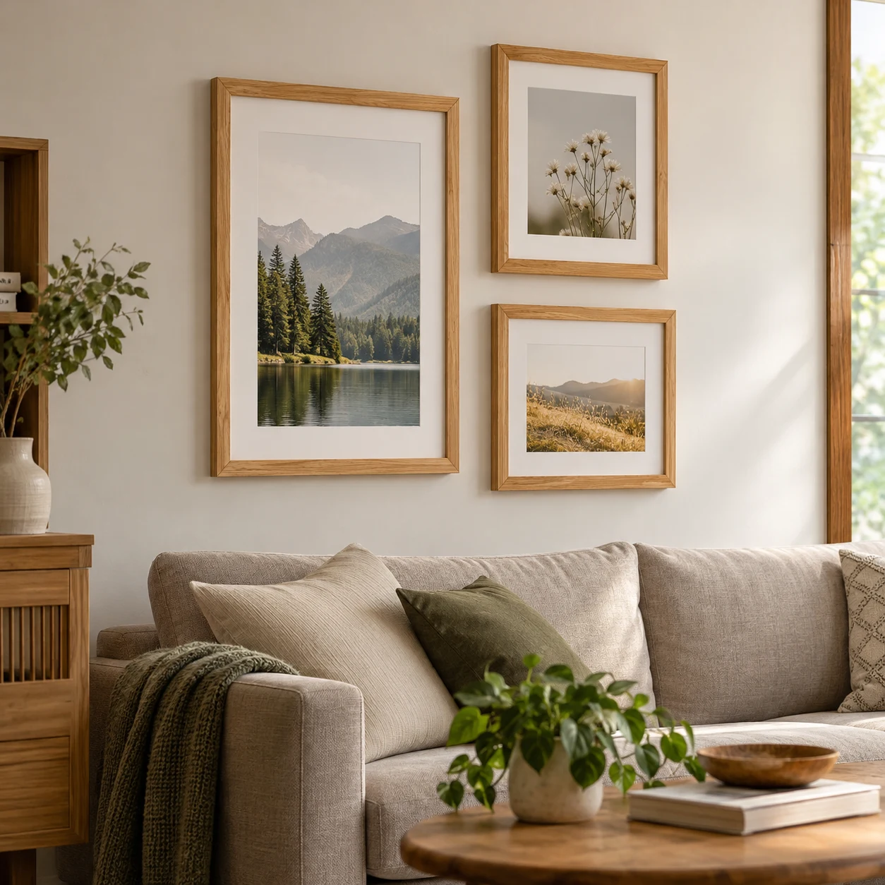 Khung Phòng Khách Gallery Năm Ảnh Tông Gỗ Tự Nhiên bộ 3 phối cỡ