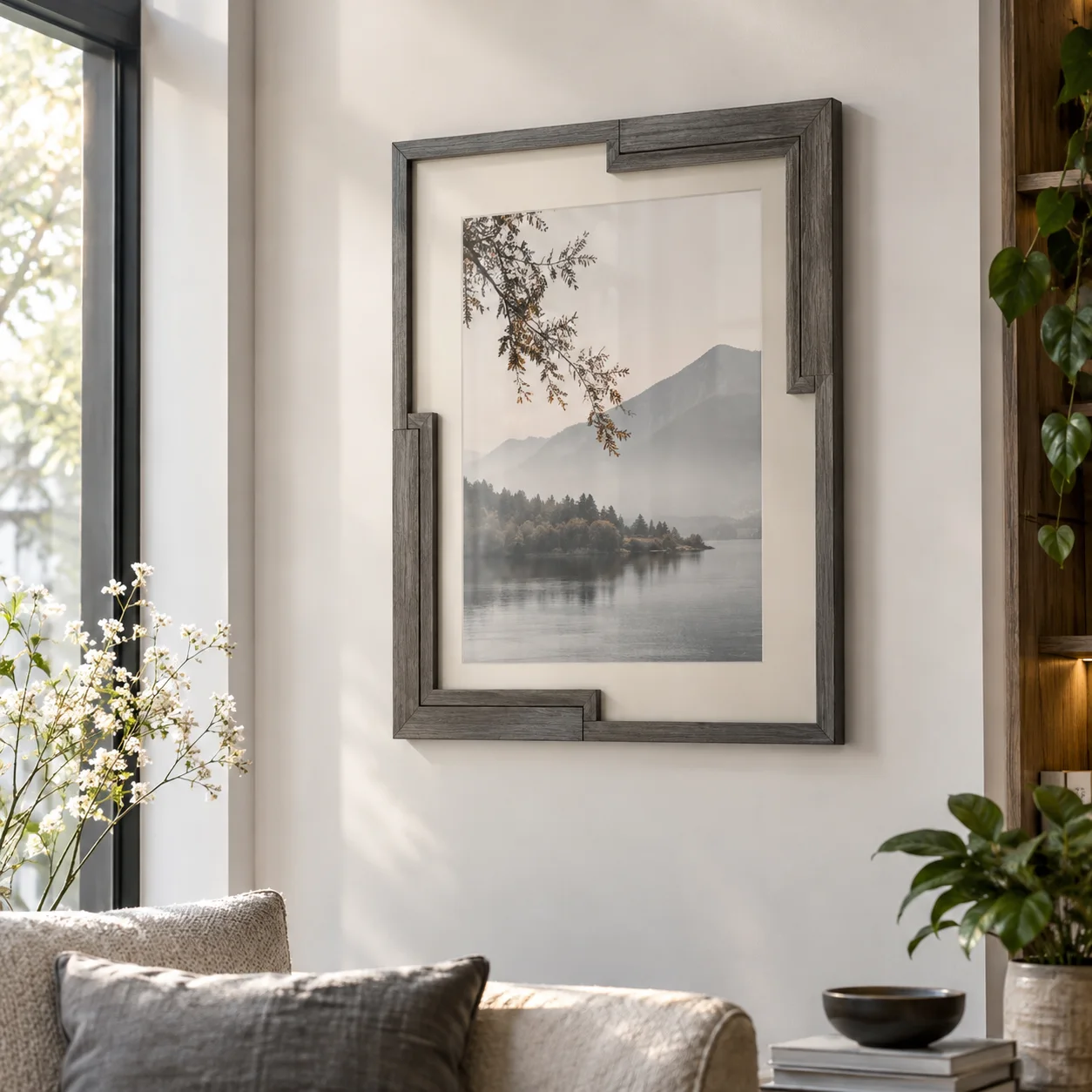 Khung Phòng Khách Bố Cục Bất Đối Xứng Tông Xám Khói 50x70 cm