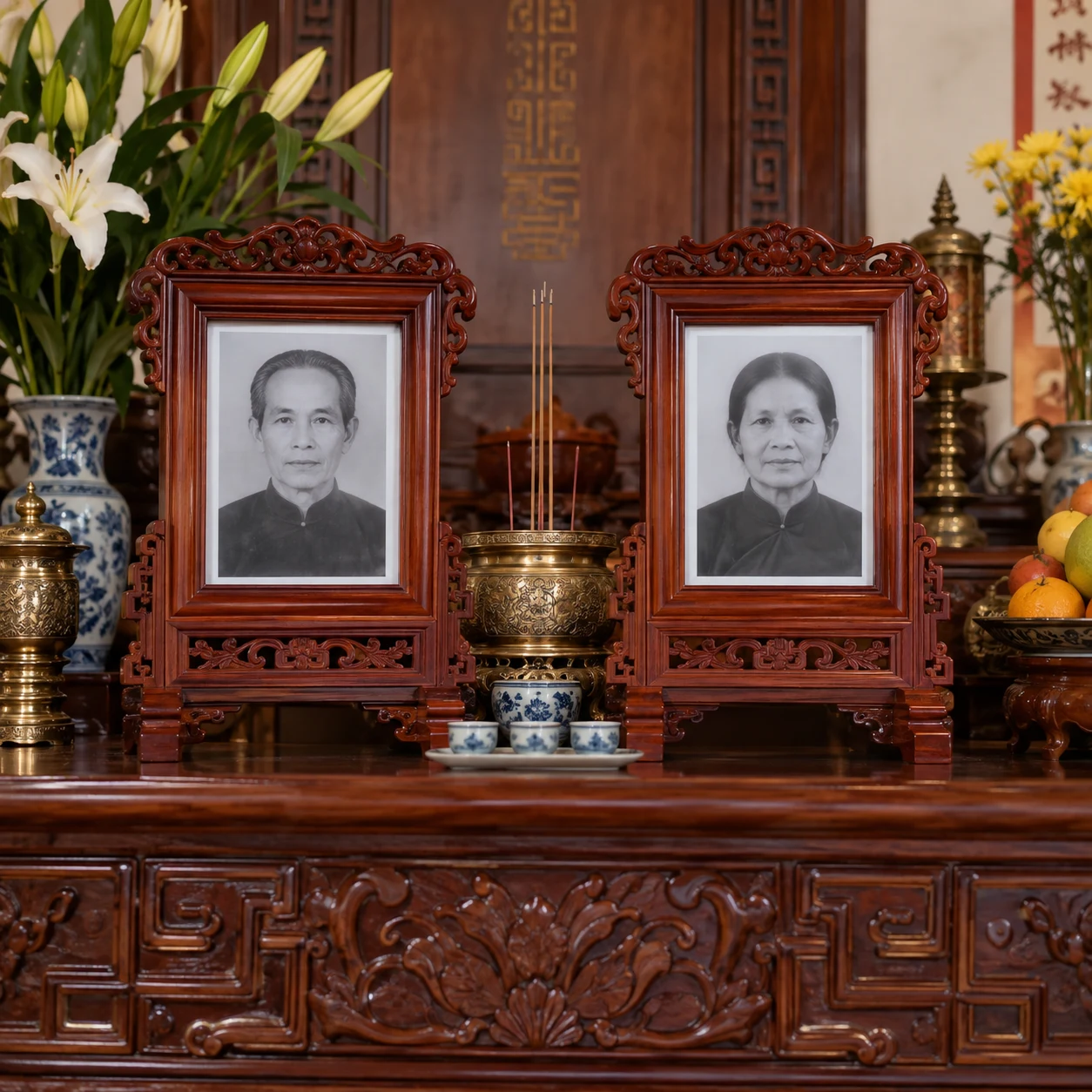 Khung Ảnh Thờ Cặp Khung Đồng Bộ Gỗ Gụ
