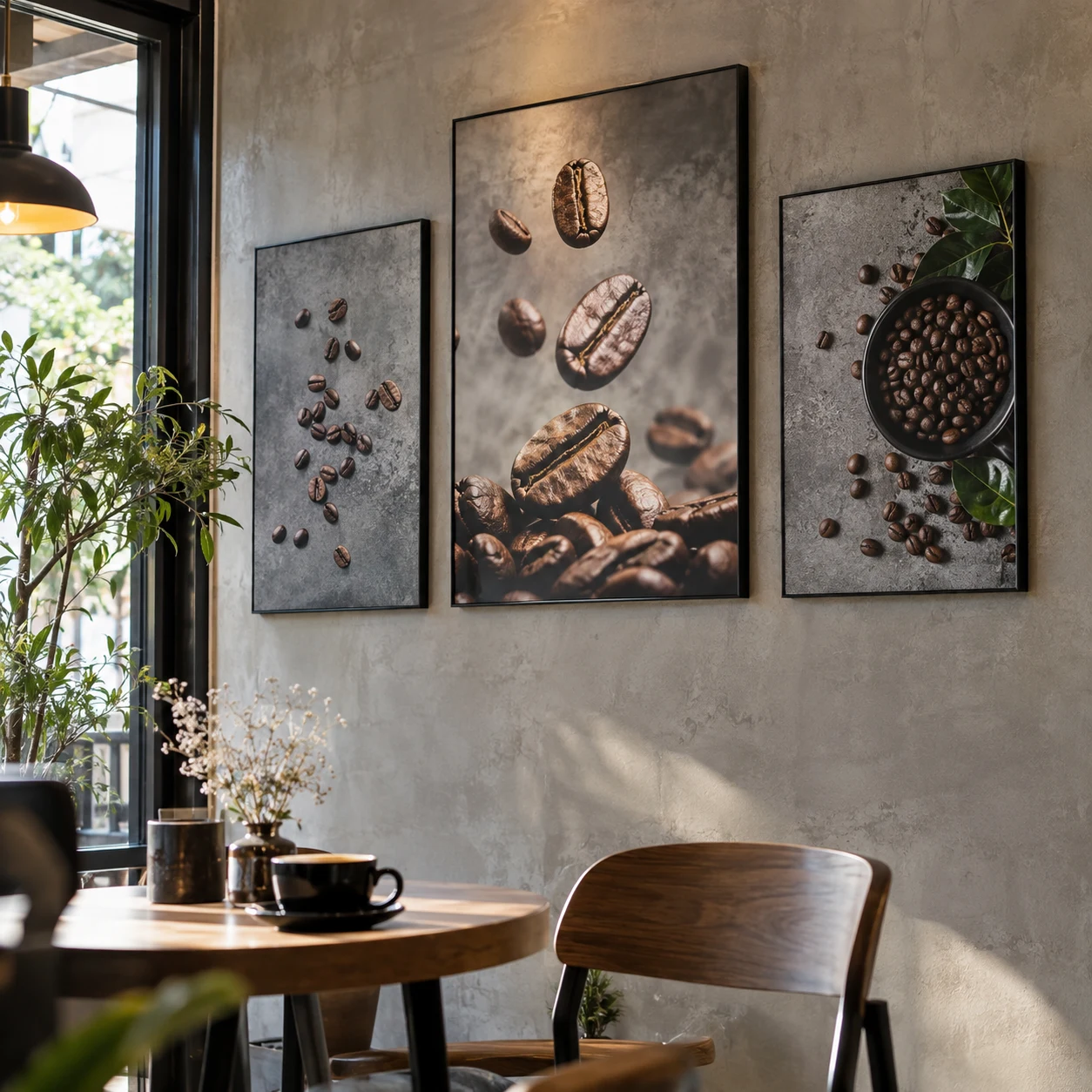 Khung Trang Trí Café Bộ Poster Hạt Cà Phê Tông Xám Xi Măng bộ ba phối cỡ